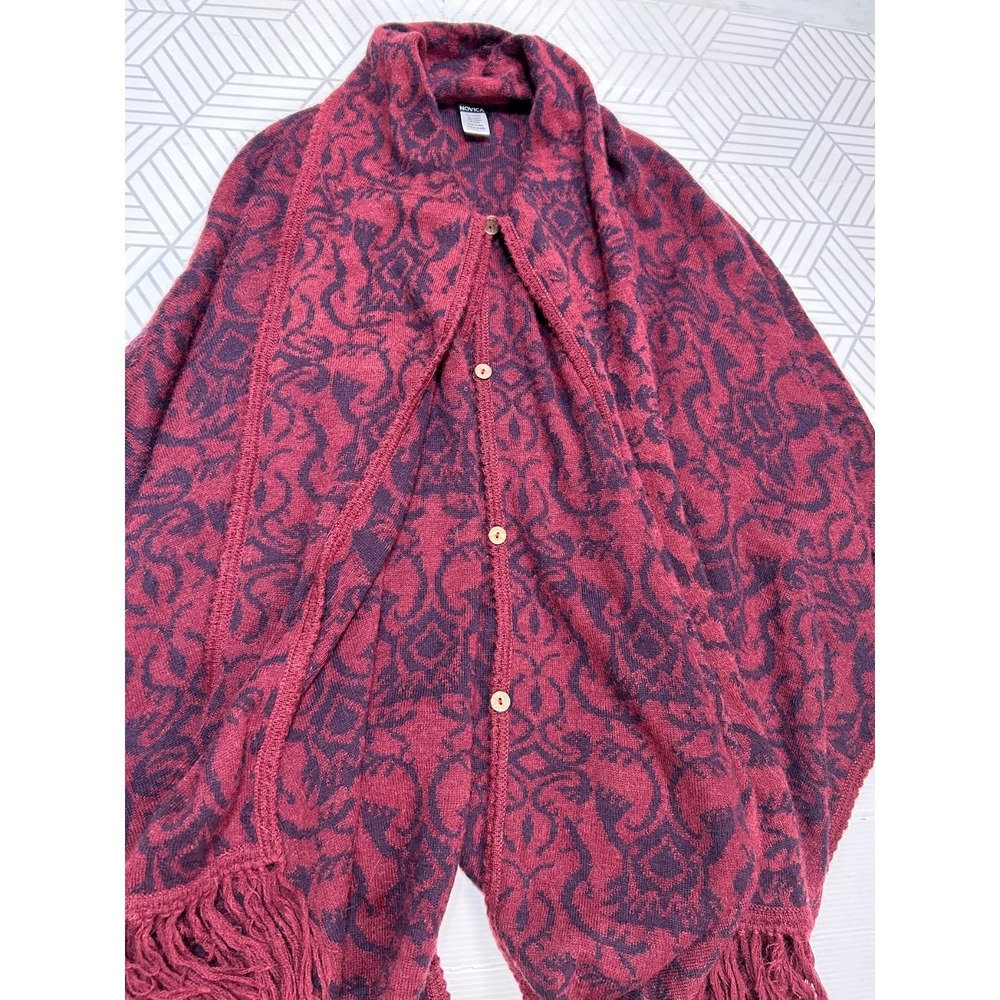Novica Peruvian Alpaca Blend Poncho OS Jacket Cardigan Cozy Fall Burgundy b4 - Picture 8 of 10